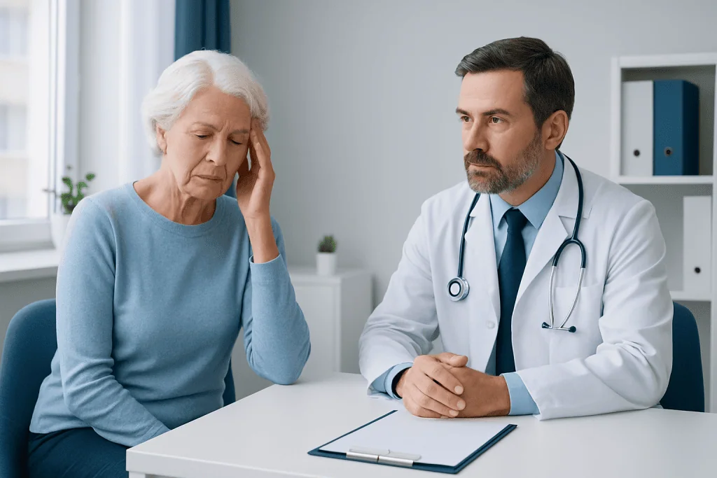 Doctor consulting with elderly woman in a medical office.