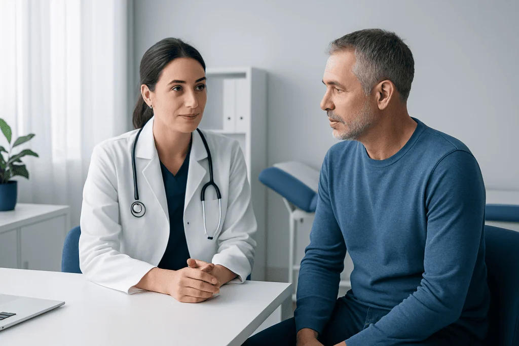 Doctor consulting with male patient in a medical office setting.