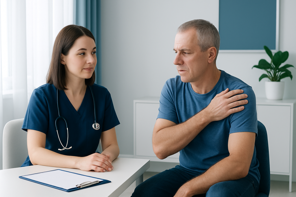 Doctor consulting patient about shoulder pain in a clinic setting.