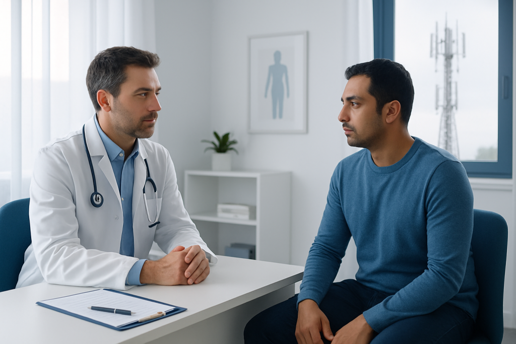 Doctor consulting with patient in a medical office setting.