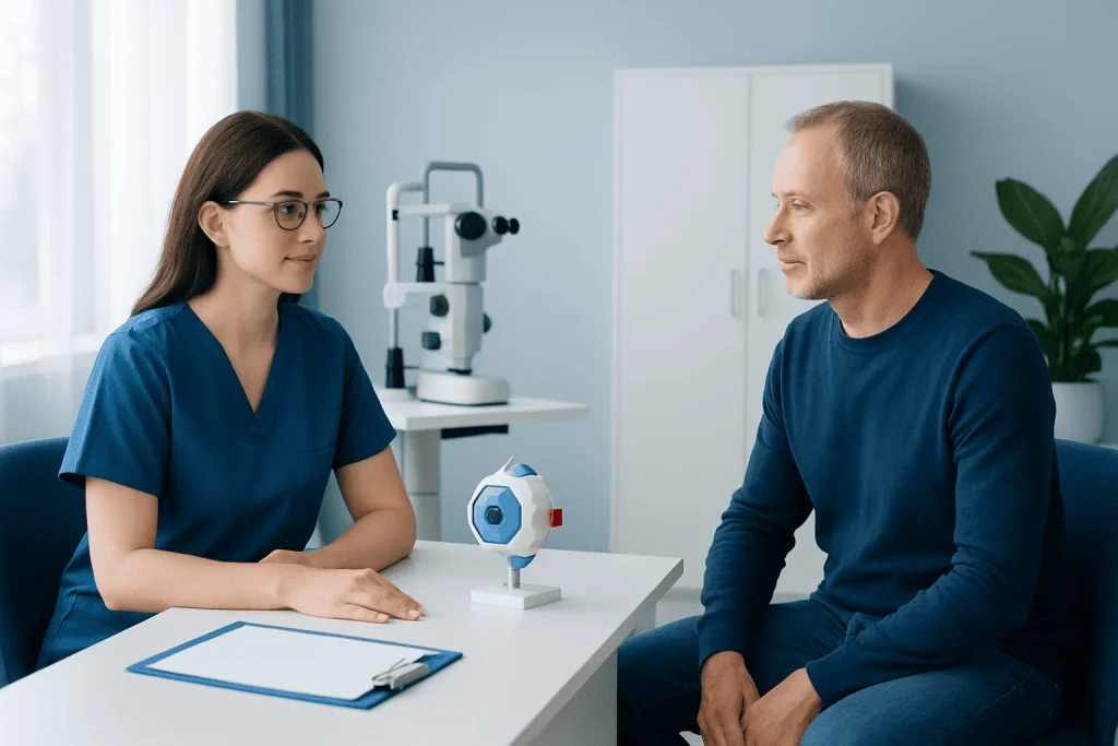 Ophthalmologist consulting with a patient about eye health in a clinic setting.