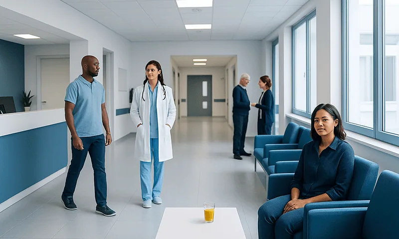 Hospital corridor with patients and medical staff in a modern healthcare facility.