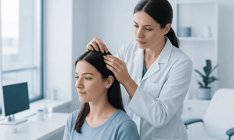 Medical professional performing scalp examination on a patient in a clinic.