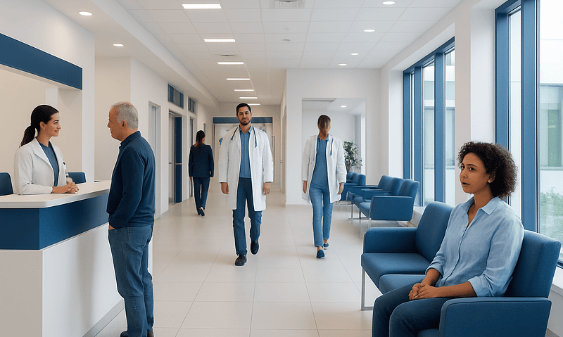 Modern hospital corridor with staff and patients at Acibadem Hospitals Group.