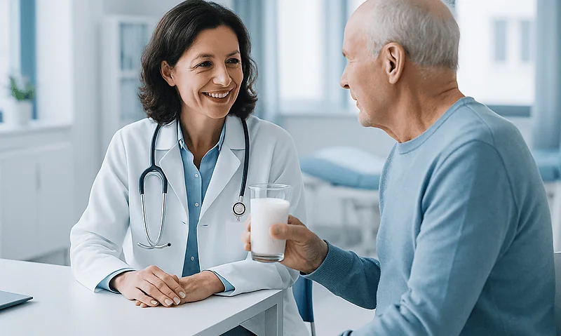 Doctor consulting with elderly patient about health in a medical office.