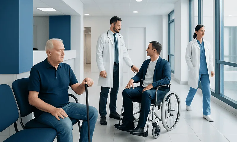 Medical team consulting with a patient in a hospital corridor.