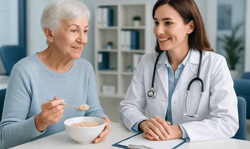 Doctor consulting with elderly woman about healthy eating and oatmeal benefits.