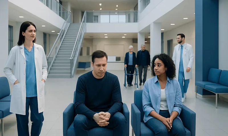 Patients in a hospital waiting area with medical staff present.