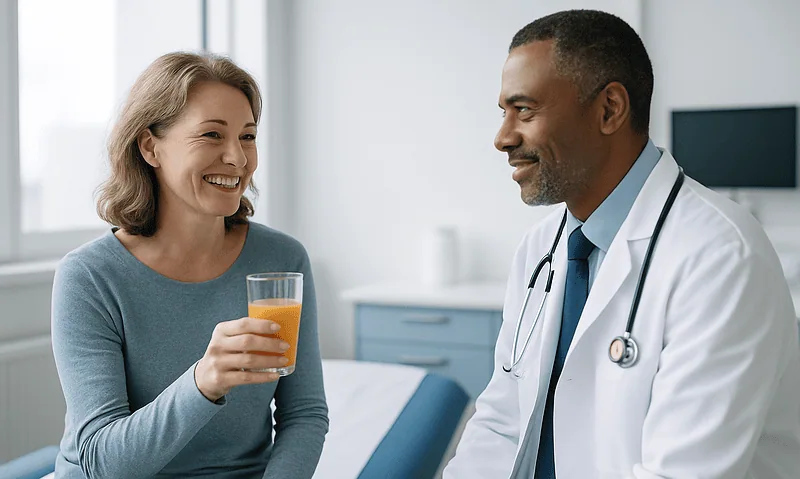 Woman drinking orange juice during a medical consultation with a doctor.