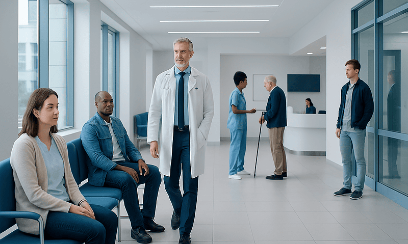 Modern hospital waiting area with patients and medical staff.