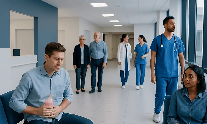 Patient waiting in hospital corridor with medical staff nearby.