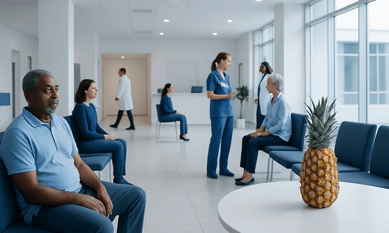 Patients waiting in a hospital lobby with a nurse attending to an elderly man.