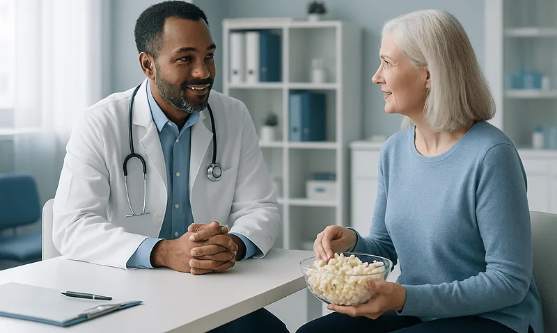 Doctor consulting with elderly woman in a medical office.