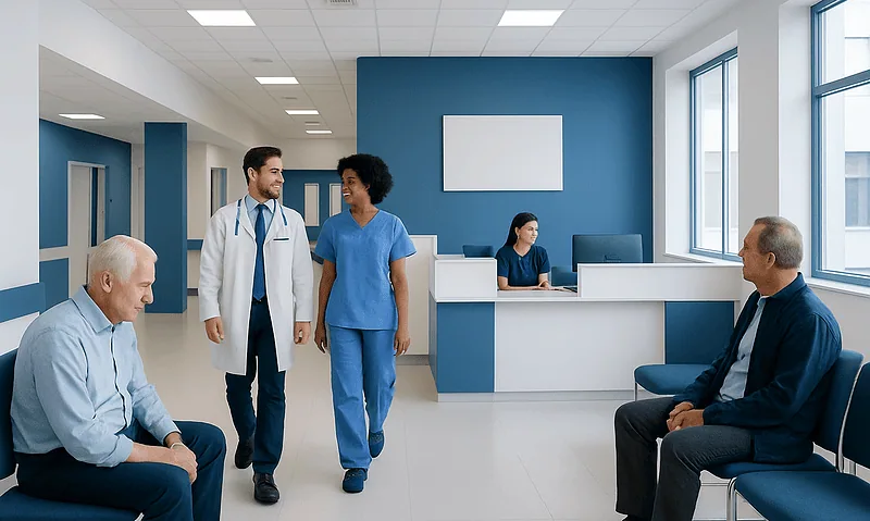 Hospital waiting area with doctors and patients in a modern medical facility.
