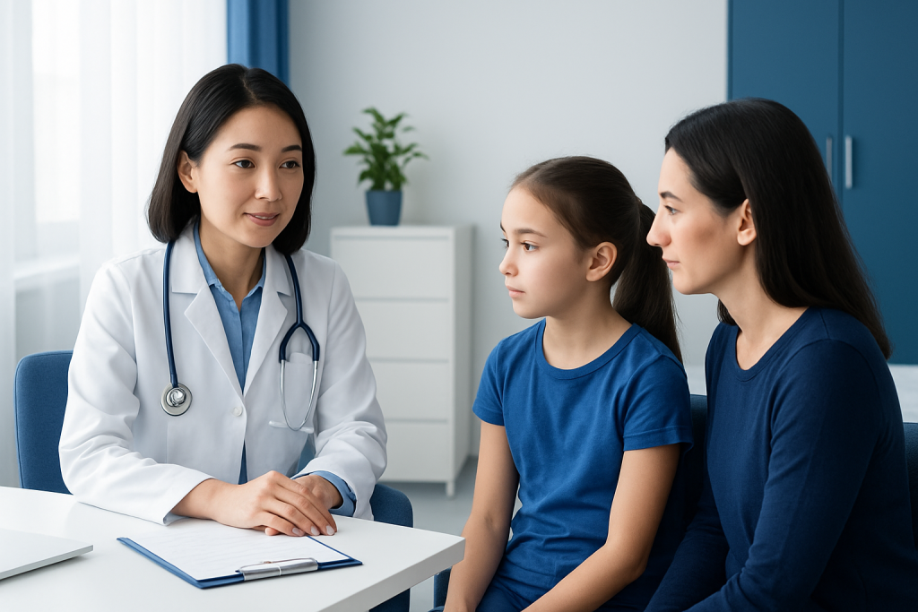 Doctor consulting with young girl and mother in a medical office.