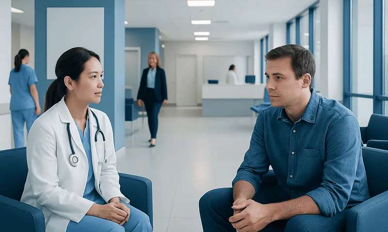 Doctor consulting patient in hospital waiting area.