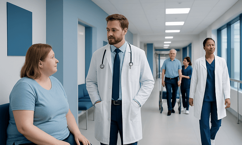 Doctor talking to a patient in a hospital corridor at Acibadem Hospitals Group.