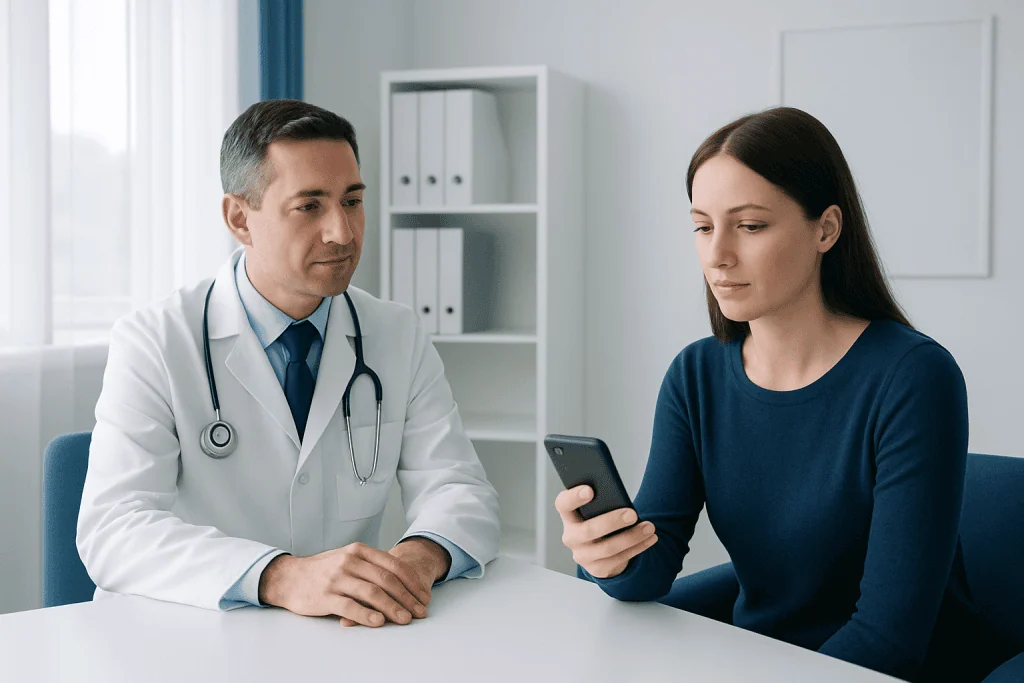 Doctor consulting with a woman about mobile phone radiation effects.