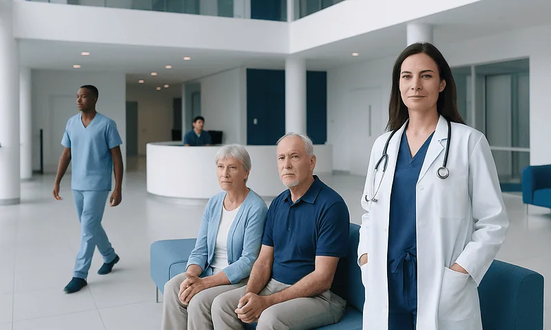 Is Repatha a Statin? Causes, Explanations, and Next Steps 4 Healthcare professionals and patients in a modern hospital lobby.