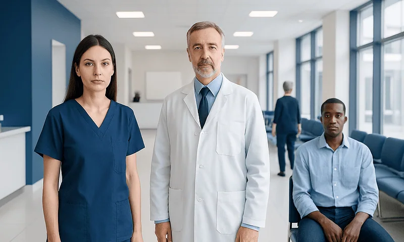 Medical team in hospital corridor with doctor and nurses.