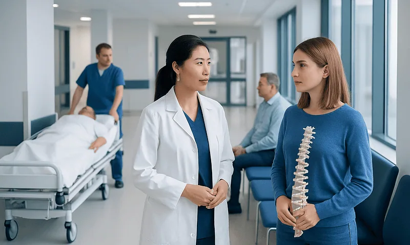 Doctor consulting patient with spine model in hospital corridor.