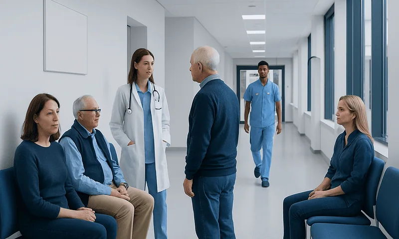 Doctor consulting with elderly patient in hospital corridor with waiting patients.