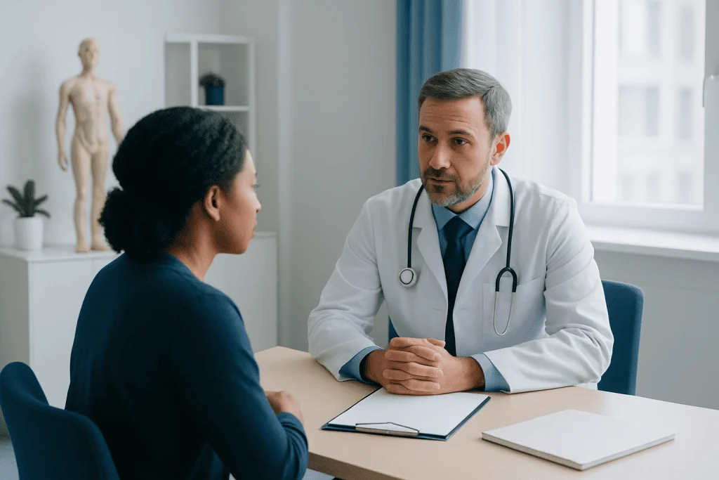 Doctor consulting with a patient in a medical office setting.