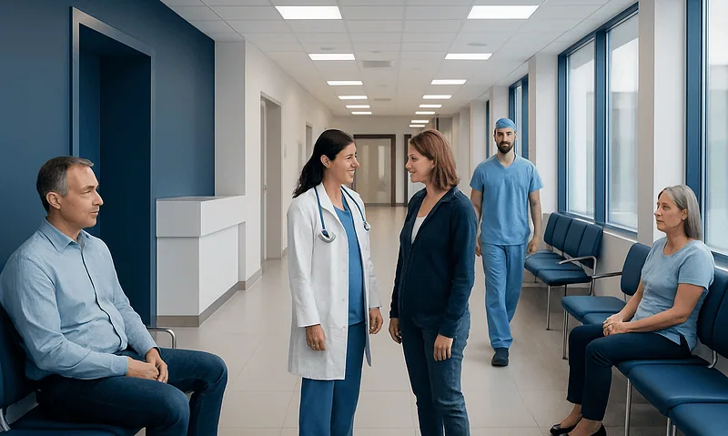 Hospital corridor with medical staff and patients in a modern healthcare facility.