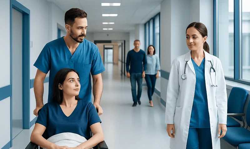 Medical team walking with patient in hospital corridor at Acibadem Hospitals Group.