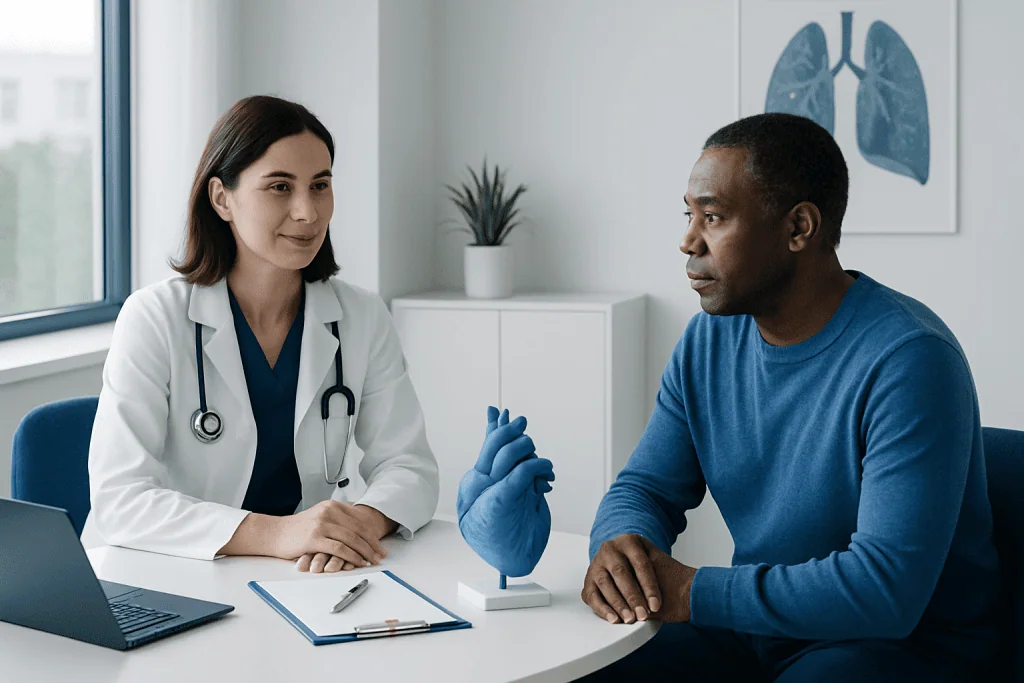 Doctor consulting with patient in a modern medical office.