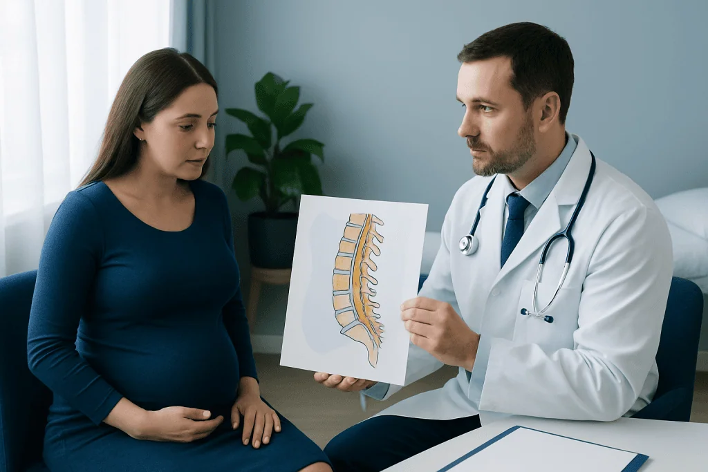 Doctor explaining spinal anatomy to patient during consultation.