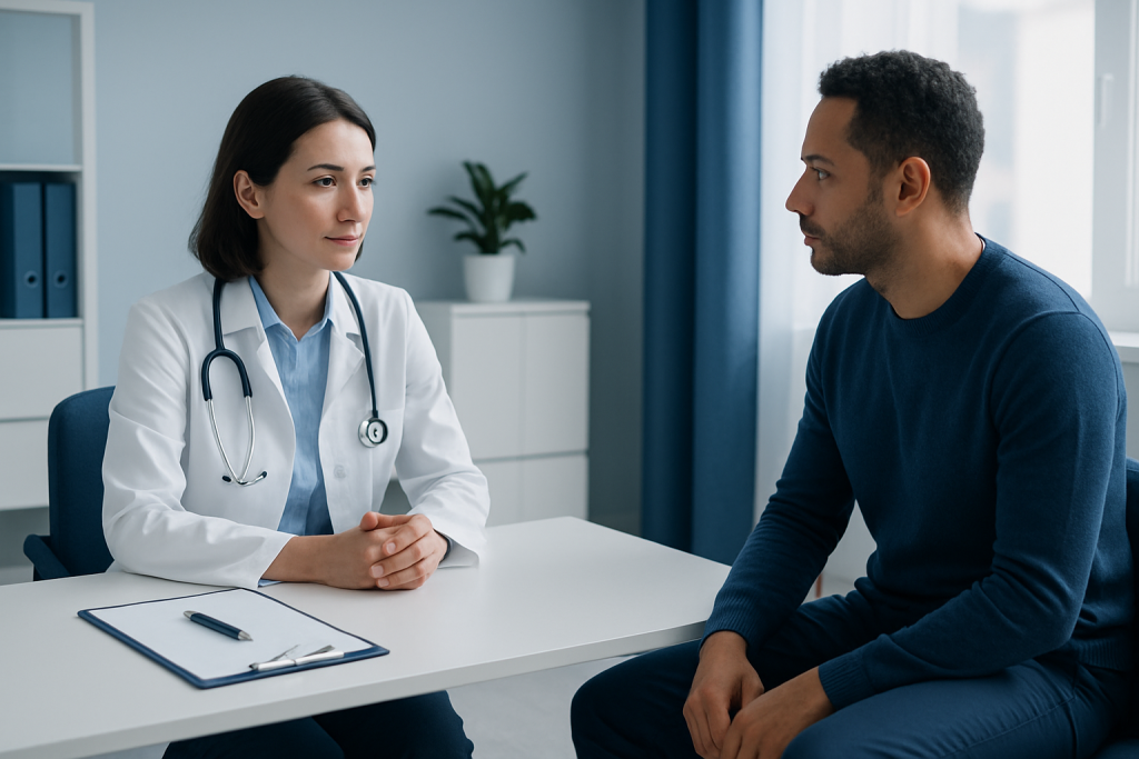 Doctor consulting with a patient in a medical office setting.