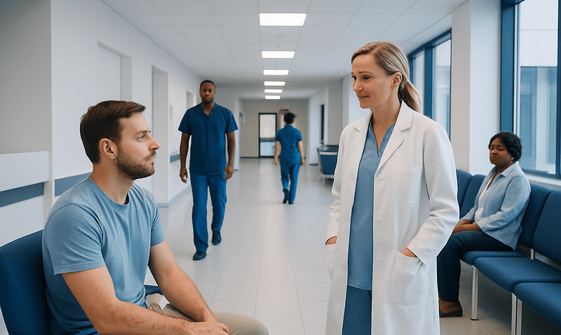 Doctor talking to patient in hospital corridor with staff in background.