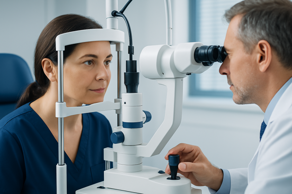 Ophthalmologist examining a patient's eye with a slit lamp microscope.