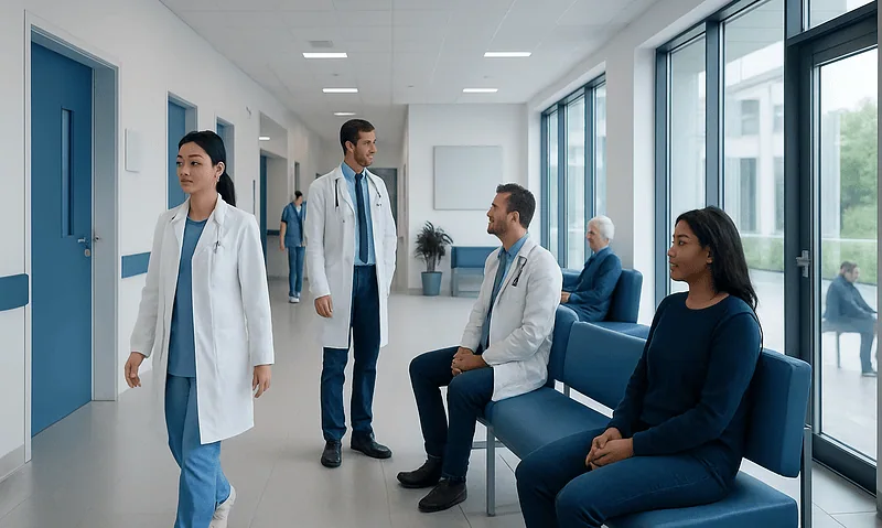 Medical staff and patients in a modern hospital corridor.