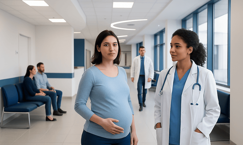 Pregnant woman consulting with a doctor in a hospital corridor.
