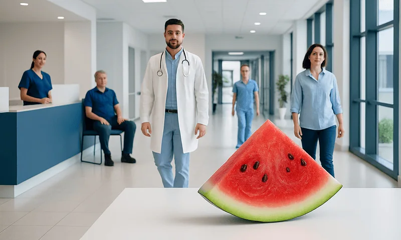 Medical team with a giant watermelon in a hospital corridor.