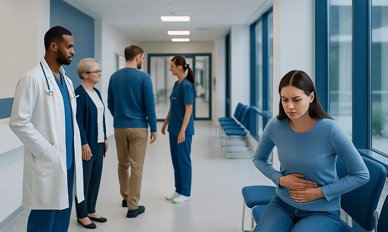 Hospital corridor with medical staff and a woman with stomach pain.