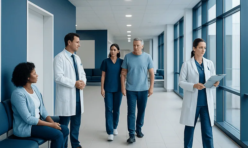 Medical team discussing patient care in hospital corridor.
