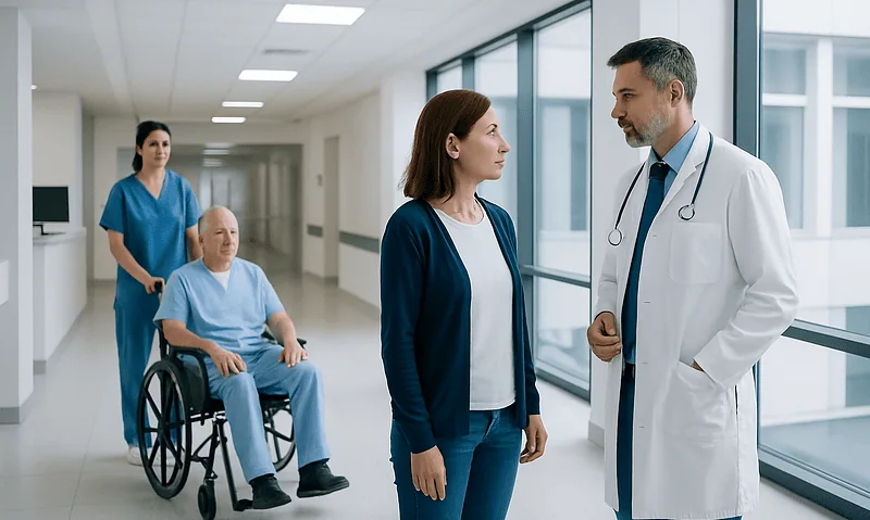 Doctor consulting female patient in hospital corridor with wheelchair patient nearby.