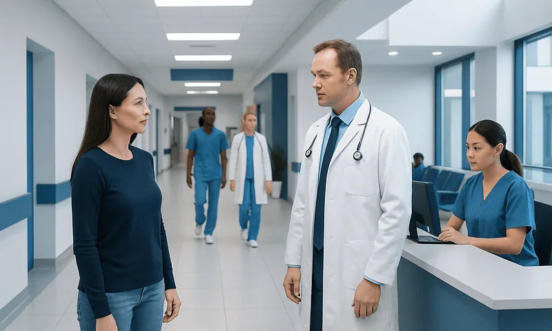 Doctor talking to a patient in a hospital corridor at Acibadem Hospitals Group.