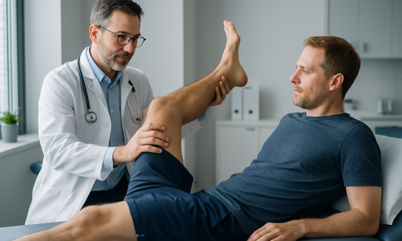 Physiotherapist examining patient's leg for IT band tightness.