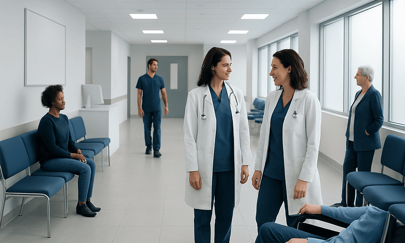 Medical professionals and patients in a hospital corridor.