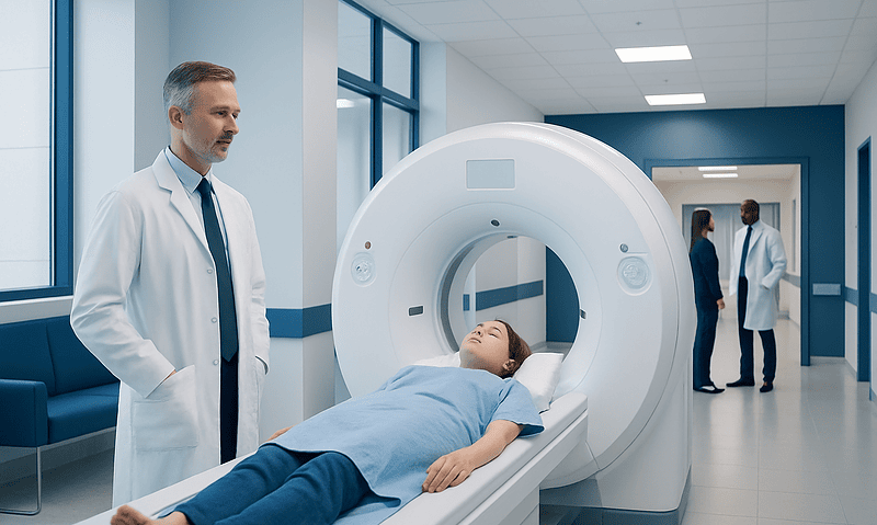 Patient undergoing MRI scan at Acibadem Hospital with medical staff present.