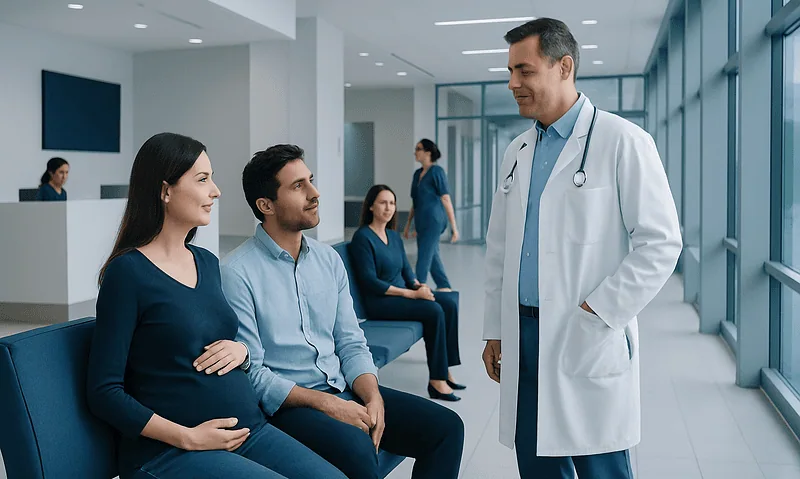 Doctor consulting pregnant woman and family in hospital corridor.