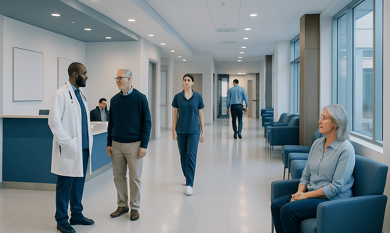 Healthcare professionals and patients in a modern hospital corridor.