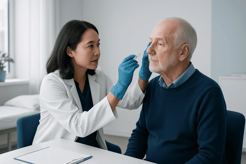 Doctor administering eye injection to elderly patient in clinic setting.
