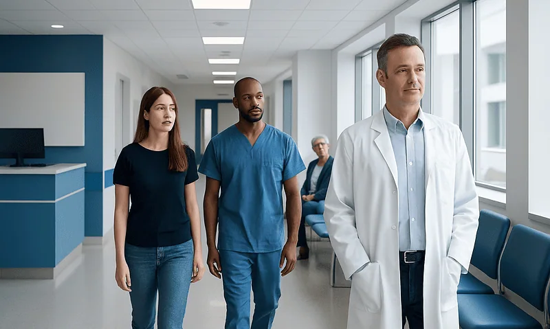 Medical team walking in hospital corridor with doctor leading.