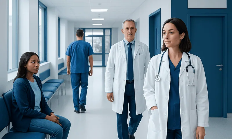 Medical professionals and patient in hospital corridor at Acibadem Hospitals Group.