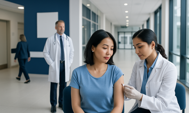 Nurse administering vaccine to a woman in a hospital corridor.